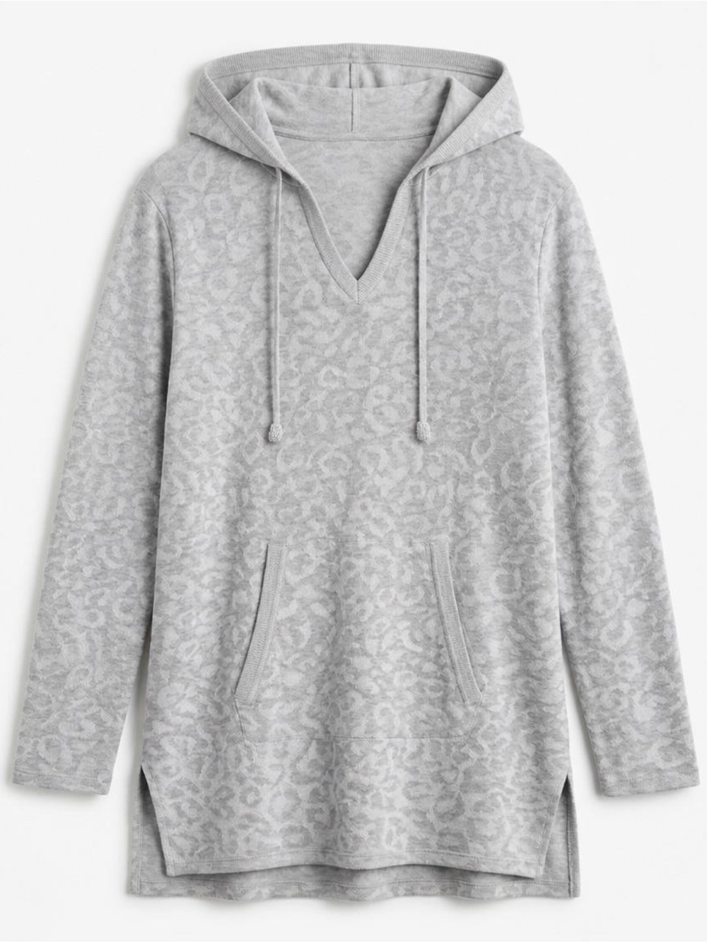 Chico's Light Gray Animal Print V-Neck Hoodie Sweater